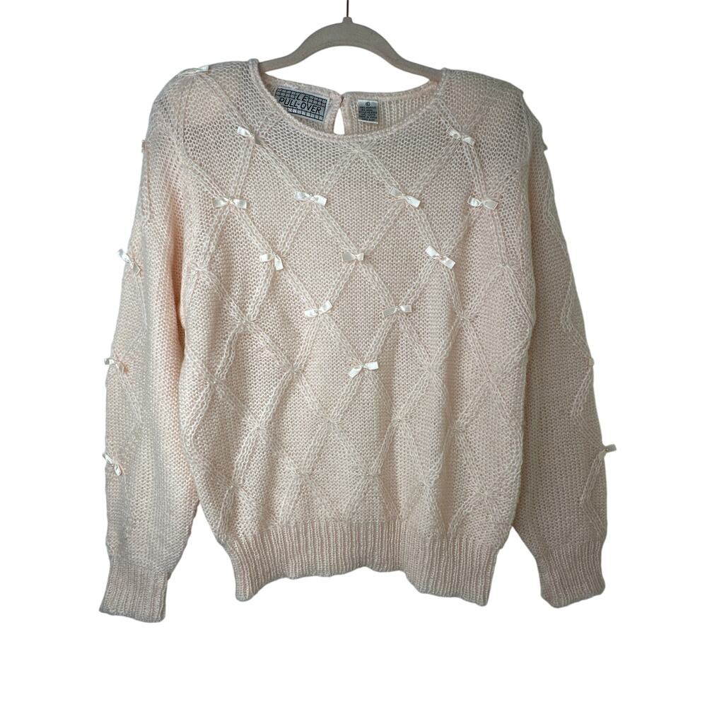Lg 80s VTG Powder Pink Coquette Sweater Bows Romantic Wool Blend Kawaii Beaded